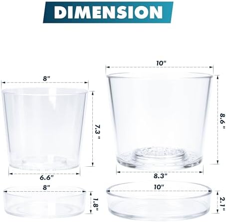 Phoenix Vine 8 Inch 10 Inch Clear Acrylic Houseplants Planter Pot with Tray, Orchid Pot with Drainage Holes, Deep Saucer for Bottom Watering, Transparent Containers for Indoor Plants, Herbs, 91-B-Y - Image 3
