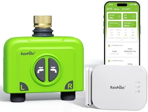 RAINPOINT WiFi Water Timer for Garden Hose, 2 Zone WiFi Sprinkler Controller, Smart Hose Timer Valve, Automatic Drip Irrigation System/Rain Delay for Garden (Brass Inlet, WiFi & Ethernet Connection) by RainPoint