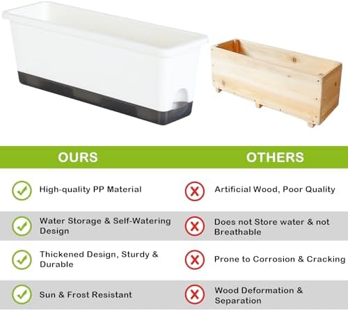 Window Box Planter 4 Packs, 17 Inches Rectangle Flower Pots with Drainage Holes & Trays, Pots for Vegetables, Herbs, Flowers, Garden Windowsill Balcony (White, 17 * 5.1 * 6 inch) - Image 7