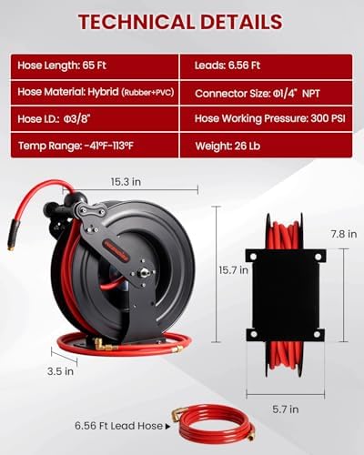 Retractable Air Hose Reel, Auto Rewind 3/8" x 65 FT Hybrid Polymer Hose - Image 2