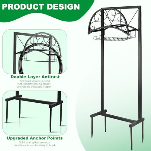 Garden Hose Holder Stand with Storage Basket, Heavy Duty Freestanding Hose Holder for Outside, Holds Up to 150FT Water Hose, Metal Hose Hanger Rack with 4 Anchor Spikes for Yard Lawn Garden - Image 2