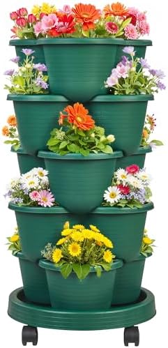 VECELO 5 Tier Vertical Garden Planter, Self Watering Stackable Planters with Wheels for Strawberries, Herbs, Flowers, Vegetables, Dark Green by VECELO