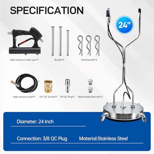 24" Pressure Washer Surface Cleaner with 4 Wheels, Surface Cleaner for Pressure Washer, Stainless Steel Dual Handle Power Washer Surface Cleaner for Concrete, Driveway, Patio, Sidewalk - Image 6