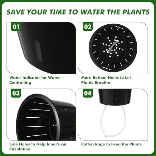Planterhoma 6.7 Inch Self Watering Pots for Indoor Plants, 8 Packs Self Watering Planters for Orchid, Spider Plant, Devil's Ivy & African Violet, Water Indicator & Black Wick Pots, Black - Image 6