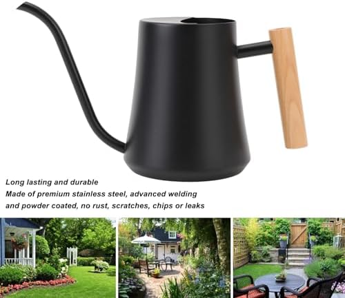 Indoor Watering Can, Stainless Steel Wooden Handle Watering Pot with Long Spout, Cute Decorative Metal Gardening Small Water Ca for Hanging Plants, Wall Plants (Matte Black) - Image 3