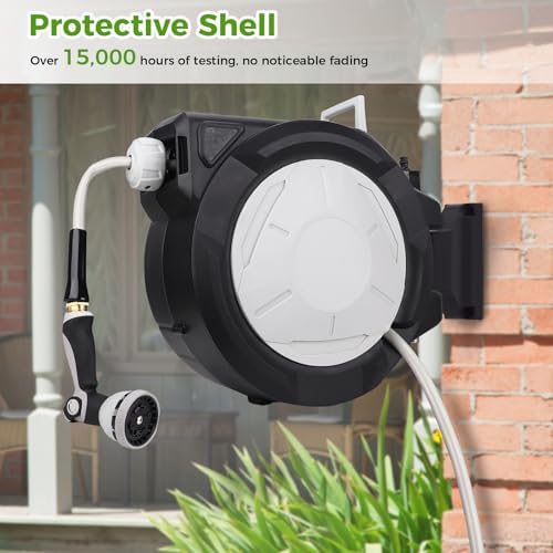 Retractable Garden Hose Reel 1/2 Inch x 100 ft, Wall Mounted Heavy Duty Automatic Hose Reel, 3/4 in Brass Fitting 9 Pattern Nozzle/Any Length Lock/180°Swivel Bracket/Slow Retraction - Image 2