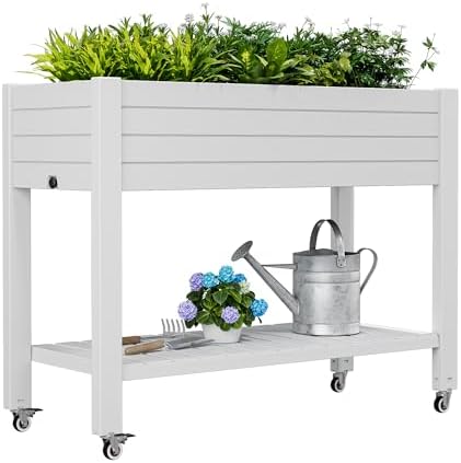 Elevate 33.7" Tall Raised Garden Bed with Wheels, Divisible Resin Planter Box with Drainage Gauge & Storage Shelf, Herb Planter for Garden Patio Backyard, Ashen (33.7" h) by WTFGO