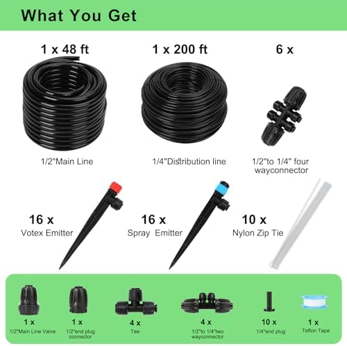 250FT Drip Irrigation System for Garden - 50FT 1/2" Main Tube & 200FT 1/4" Branch Tubing, Brass Splitter, Quick Connect Design, Perfect for Outdoor Plants, Raised Beds, Greenhouses - Image 2