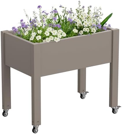 Elevated 26.3" Tall Raised Garden Bed with Wheels - Outdoor Mobile Resin Planter Box with Drainage Holes for Vegetables Flower Herbs, Weather Resistant, Medium Gray (26.3" h) by WTFGO