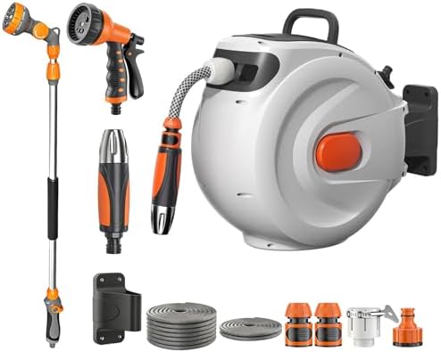 Retractable Garden Hose Reel, Wall Mounted Hose Reel Heavy Duty Garden Hose Reel for Outside, with 8 Patterns Nozzle, 10 Patterns Watering Wand, 180°Swivel Bracket, Any Length Lock by GLYYR