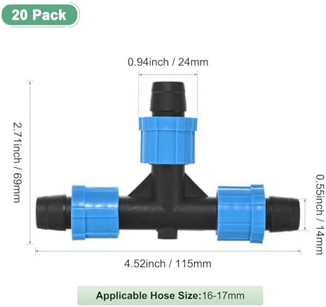 M METERXITY 20-Pack Drip Irrigation Barbed Locking Fittings, for 5/8 Inch(16mm) 3 Way Tee Tubing Irrigation Coupling for Greenhouse/Aquarium/Garden Watering System, Drip Irrigation Parts - Image 3