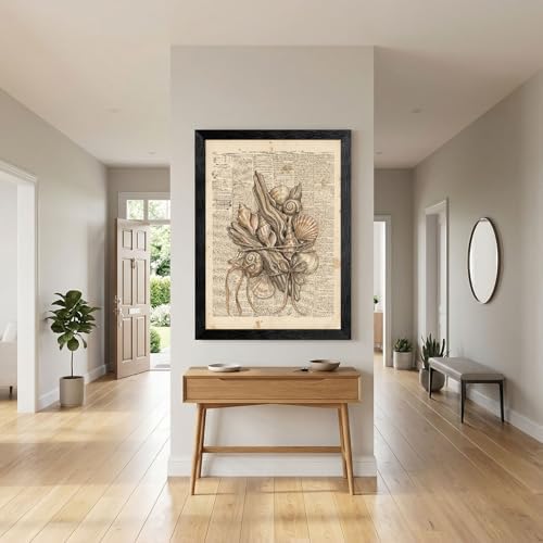 Framed Canvas Wall Art Vintage Seashells and Driftwood Muted Tones on Newspaper Print Canvas Print Poster Black Frame Wall Decor for Living Room Coastal Art, Ocean Decor - 24x36 Inch - Image 4