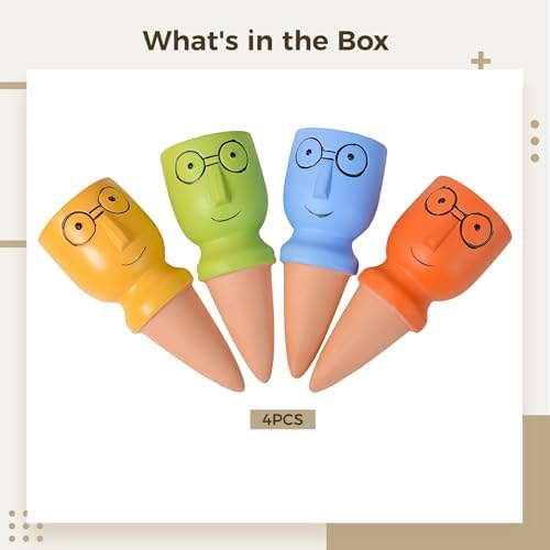 4 Pcs Terracotta Self-Watering Spikes for Plants, Funny Big Head Glasses Shape, Colorful Drip Irrigation Spikes, for Outdoor Plants and Vacation Use, Easy Water Release, Yellow Green Blue Orange - Image 4