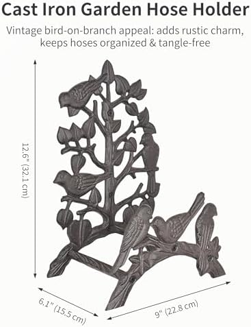 Cast Iron Garden Hose Holder Wall Mount, Rustic Heavy Duty Water Hose Hanger Storage Rack, Decorative Vintage Hose Reel Organizer for Outside Garden Yard Patio, Birds on Branch Design - Image 2
