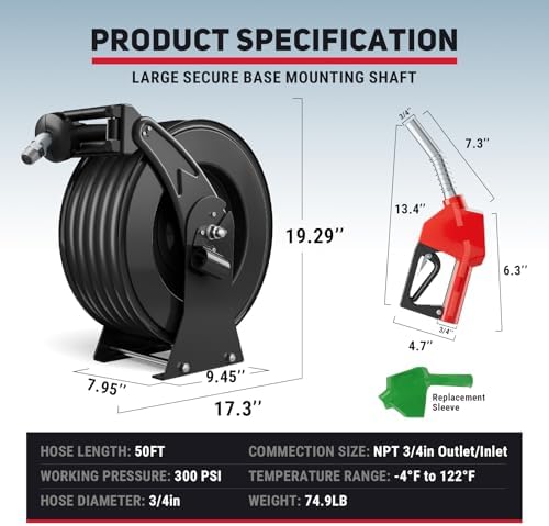 Fuel Hose Reel 3/4" x 50 ft, Retractable Diesel Reel with Nozzle - Image 6