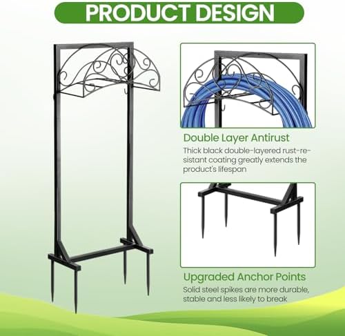Garden Hose Holder, Heavy Duty Freestanding Hose Stand Holds 160FT with 4-Spike Stable Base, Metal Hose Hanger with Storage Basket for Yard, Lawn, Garden - Image 3