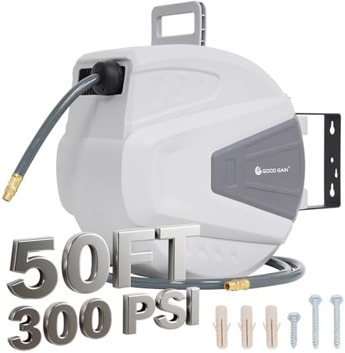 G GOOD GAIN Air Hose Reel Retractable 3/8 in x 50 ft Hybrid Polymer Hose, Air Compressor Hose Reel Retractable Auto-Rewind Enclosed 180° Swivel Mount, Max 300PSI Commerical Polypropylene Grey by GGOODGAIN