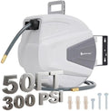 G GOOD GAIN Air Hose Reel Retractable 3/8 in x 50 ft Hybrid Polymer Hose, Air Compressor Hose Reel Retractable Auto-Rewind Enclosed 180° Swivel Mount, Max 300PSI Commerical Polypropylene Grey by GGOODGAIN