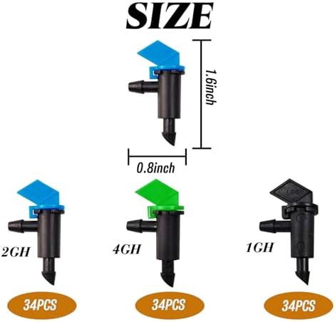 RONYOUNG 102PCS Drip Emitter, 3 Colors Garden Flag Irrigation Drippers in 3 Sizes, 1 GPH, 2 GPH, 4 GPH Per Hour for Trees and Shrubs Watering (Pack of 3) - Image 2