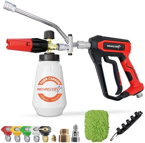 Pressure Washer Gun with Foam Cannon Kit, One-Button Switch Between Foam & Water, 1/4" Quick Connect, 5 Spray Nozzles, Car Wash Mitt, 1000-4000 PSI Pressure Washer Gun for Car Wash & House Cleaning by Novastry