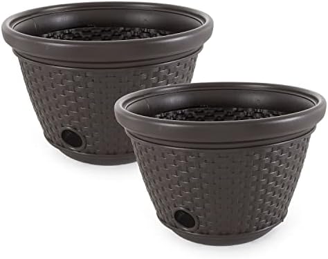 Suncast 2 Pack Decorative Wicker Garden Hose Holder Pot with 4 Drain Holes for 100 Foot Hoses, Java by Suncast