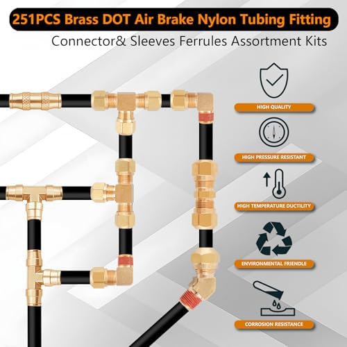 251Pcs DOT Air Line Fittings Push Lock Air Fittings & Brass Air Nylon Tube Compression Fittings Kits,1/4" 1/8" 3/8" 1/2" NPT Push To Connect Fittings Quick Connect Air Hose Fittings Assortment - Image 3
