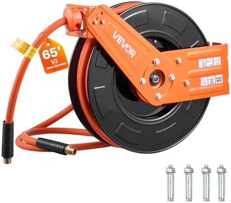 VEVOR Retractable Air Hose Reel, 1/2 Inch x 65 FT Rubber Air Hose Max 300PSI, Auto Rewind Air-Compressor Hoses Reel with 5 ft Lead in, Ceiling/Wall Mount for Garage Workshops by VEVOR