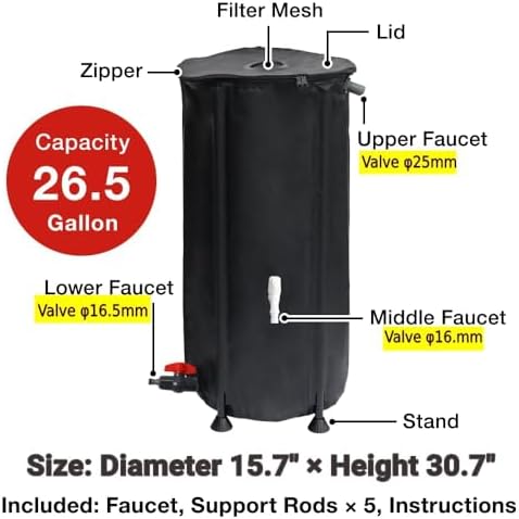 Japard 16 Inch Slim Rain Barrel Water Tank Collapsible Indoor Outdoor 26 Gallon Rainwater Storage from Gutter Upgraded Leakproof Spigot Downspout Catcher with Filter Black 100L - Image 3