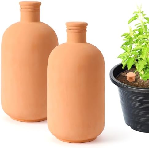 2pcs 10 * 5 * 5in Ollas Plant Watering Globes 61oz Terracotta Watering Pot Watering Bulbs for Outdoor and Indoor Plants Large Reservoir Bulbs with lid Terra Cotta Clay Irrigation Globes by EXQUAILTY