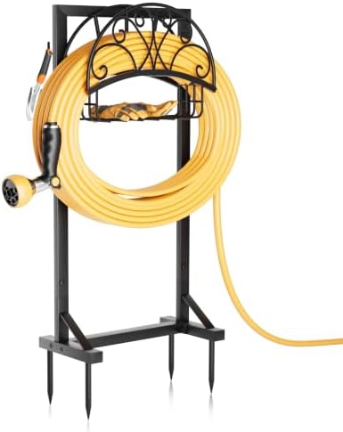 Garden Hose Holder with Storage Basket and Tool Hooks, Heavy-Duty Metal Hose Hanger Garden Hose Storage Holds 151Ft Hose, Rustproof Freestanding Water Hose Holder for Outside, Yard, Lawn by GAVISCITY