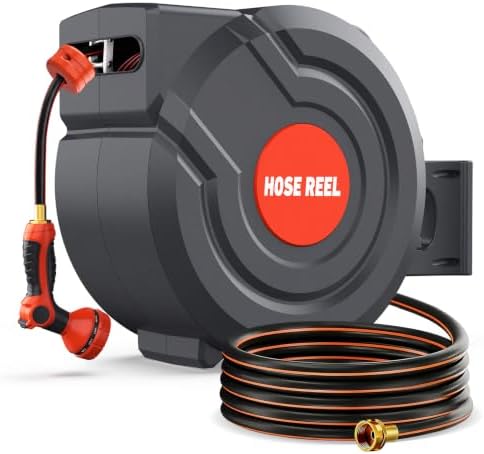 130 FT 1/2 Inch Retractable Garden Hose Reel 180° Swivel Automatic Slow Return Any Length Lock Hose Reels for Outside 9 Pattern Sprayer Nozzle UV Resistant by FARMMAC