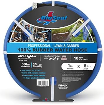 BluSeal Hot/Cold Water Rubber Garden Hose, 100% Rubber, Ultra-Light, Super Strong, 500 PSI, 50F to 190F Degrees, High Strength Polyester Braided (1" x 6') by RMX+BluSeal