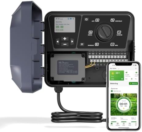 Outdoor Smart Sprinklers Controller 2.4GHz WiFi, Irrigation Controller Easy Use App Enabled, 16 Zones + 16 Plans, Save Water Auto Skip Rain, Freeze & Wind, 10 Minutes Install by HiOazo