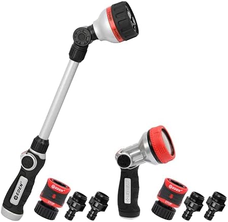 Eden 98653 Pro Metal 6-Pattern 18” Watering Wand and Metal Garden Nozzle Value Bundle by EDEN