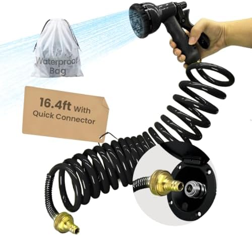 RV Exterior Sprayer Kit Without Port, 16.4FT Coiled Water Hose with 8-Pattern Sprayer & GHT 3/4" Quick Connect Adapter,Waterproof Bag Anti-Kink Coil Hose by Terapaton