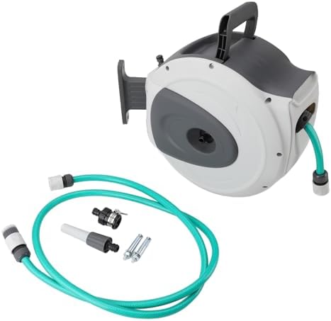 Aramox Retractable Garden Hose Reel Auto Rewind 180 Deg Swivel Bracket Wall Mounted Any Length Lock Slow Return System with 9 Pattern Nozzle for Outdoor Watering - Image 6