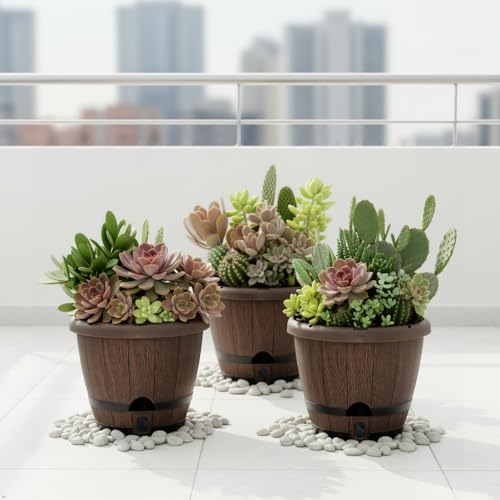 Sun-E 10" Self-Watering Whiskey Barrel Planter 3 Pack for Indoor Outdoor - Image 6