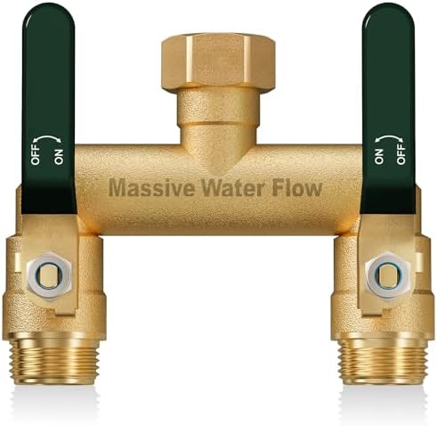 Hose Splitter 2 Way Heavy Duty, Full Flow Garden Hose Splitter with 2 Long Metal Handles, Brass Rust and Freeze Resistant Water Hose Bib Splitter, T Adapter Connector with 3/4 - Inch GHT Thread（Green） by Lnezcdb