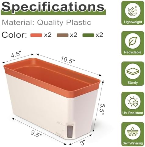 OurWarm Self Watering Pots for Indoor Plants, 6 Pack 10.5 Inch Plastic Window Herb Planter Box with Water Level Indicator, Modern Decorative Windowsill Planters for Herbs, Flowers, Seedlings - Image 3