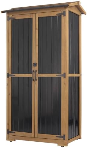 Ketive Outdoor Storage Cabinet, Wood & Metal Garden Cabinet with 3 Adjustable Shelf, Weather-Resistant Roof, Lockable Doors & Adjustable Feet for Patio, Garden, Farm (33" L x 21" W x 69" H) by Ketive