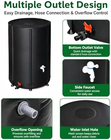 100 Gallon Collapsible Rain Barrel, Portable Rainwater Collection System, Water Storage Tank, Rain Catcher Barrel with Two Spigots and Overflow Kit, Rain Water Barrel Collector for Garden, Black - Image 5