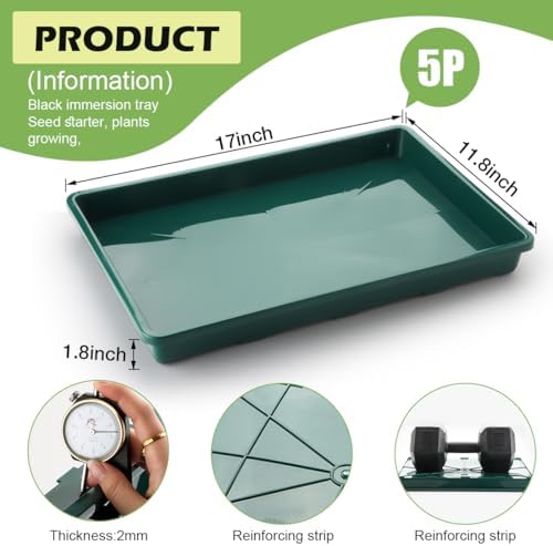 RooTrimmer 5 Pack Seed Starter Trays (17"x11"x2"), Plastic Flat Nursery Pots Trays, Durable Carrying Seedling Starter Tray, Reusable Tray for Planting and Collecting Drainage Water (Green) - Image 2