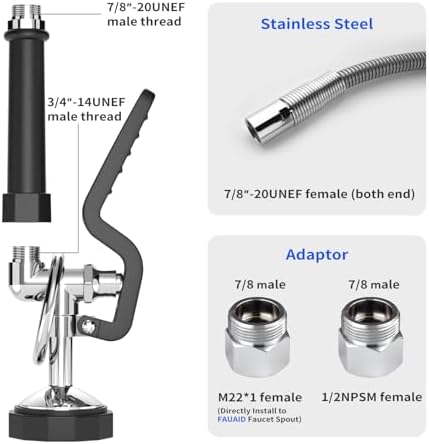 Commercial Sink Sprayer with 45” Stainless Steel Hose, 1.42 GPM Pre Rinse Sprayer, High-Pressure Dish Spray for Restaurant Use, Commercial Faucet Spray Nozzle with Adapters (Black) - Image 2