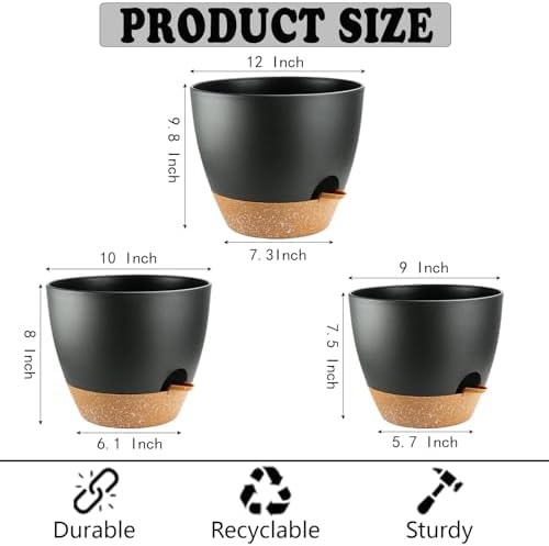 Large Self Watering Planters Plant Pots Outdoor 9/10/12 Inch for All House Plants Black Plastic Flower Pots with Drainage Hole Flower Pots for Indoor Plants Gift Idea for Home Decor - Image 2