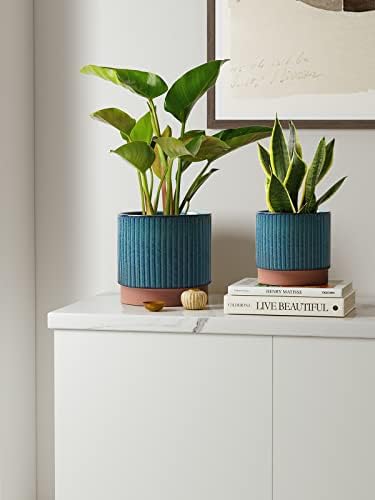 LE TAUCI Ceramic Plant Pots with Drainage Holes, Set of 3, 8+6.7+5.5 Inch Stripe Garden Planter Pots for Outdoor Indoor Plants Flower, Round Succulent Orchid Flower Pot, Reactive Glaze Green - Image 2