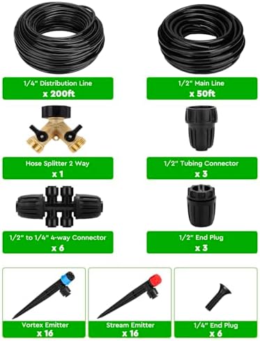 250FT Drip Irrigation System for Garden - 50FT 1/2" Main Tube & 200FT 1/4" Branch Tubing, Brass Splitter, Quick Connect Design, Perfect for Outdoor Plants, Raised Beds, Greenhouses - Image 2