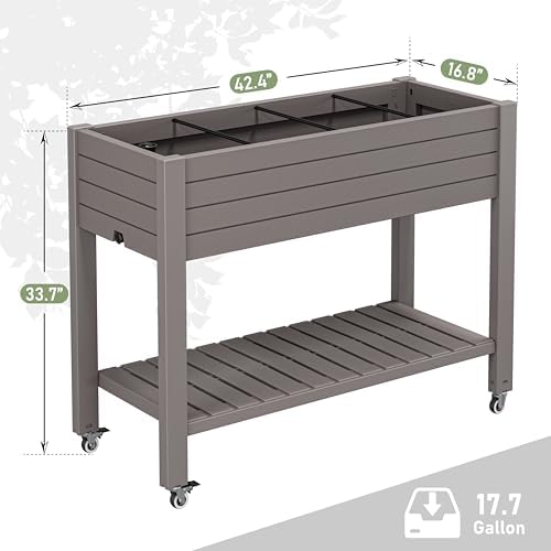 33.7" Tall Raised Garden Bed with Wheels, Divisible Resin Planter Box with Drainage Gauge & Storage Shelf, Herb Planter for Garden Patio Backyard, Medium Gray (33.7" h) - Image 2