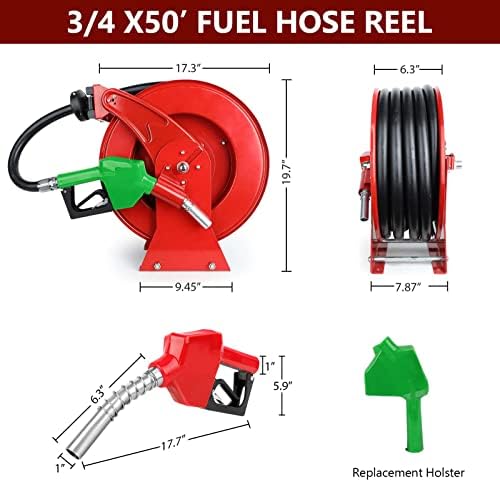 Fuel Hose Reel with Fueling Nozzle, 3/4" x 50FT Retractable Diesel Hose Reel, 300 PSI Industrial Heavy Duty Auto Swivel Rewind Hose Holder Reels, for Vehicle Tank Truck Trailer Ship - Image 6