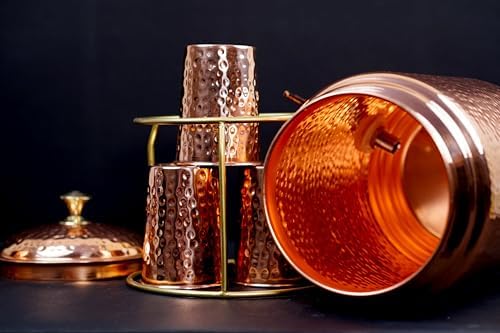 Pure Copper Hammered Water Dispenser Storage Water Tank with Tap and set of 4 Copper Glass | Water Pot | Cooper Water Storage Tank | 6.5 Ltr Capacity | 218 Oz - Image 4