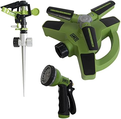 AMES (3) Piece Sprinkler & Sprayer Set with (1) Pulsating Spike Style, (1) 3 Arm Rotating Sprinkler and (1) 7-Pattern Spray Nozzle for Lawn, Garden or Yard, Watering, Adjustable, Easy Hose Connections by AMES